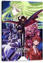 Code Geass canvas wall art print displays Lelouch in a sweeping black cape amid C.C., purple mecha, and supporting characters.