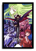 Framed Code Geass wall art print portrays Lelouch in black at center, with C.C., armored mecha, and characters in red and pink.