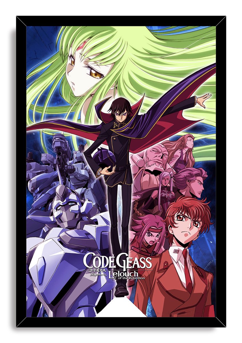 Framed Code Geass wall art print portrays Lelouch in black at center, with C.C., armored mecha, and characters in red and pink.