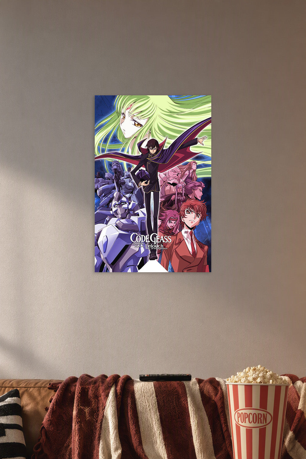 Code Geass Anime in a cozy movie room above a brown sofa with popcorn.