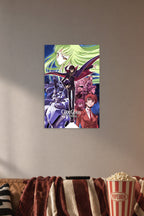 Code Geass Anime in a cozy movie room above a brown sofa with popcorn.