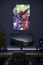 Code Geass Anime in a gaming desk setup above a monitor.