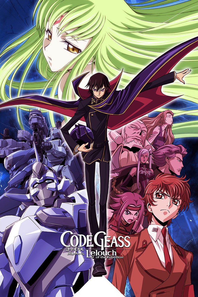 Code Geass poster features Lelouch in a black cape, C.C. with flowing green hair, mecha, and a red-haired character.