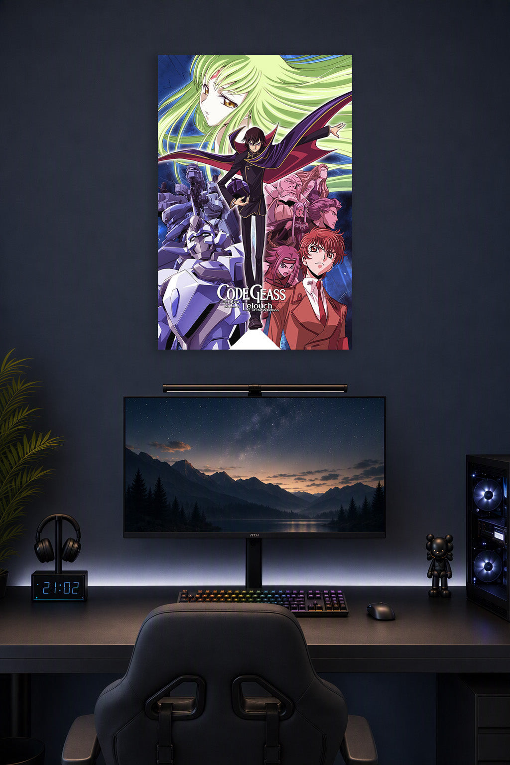 Code Geass Lelouch of the Rebellion in a gaming desk setup above a monitor.