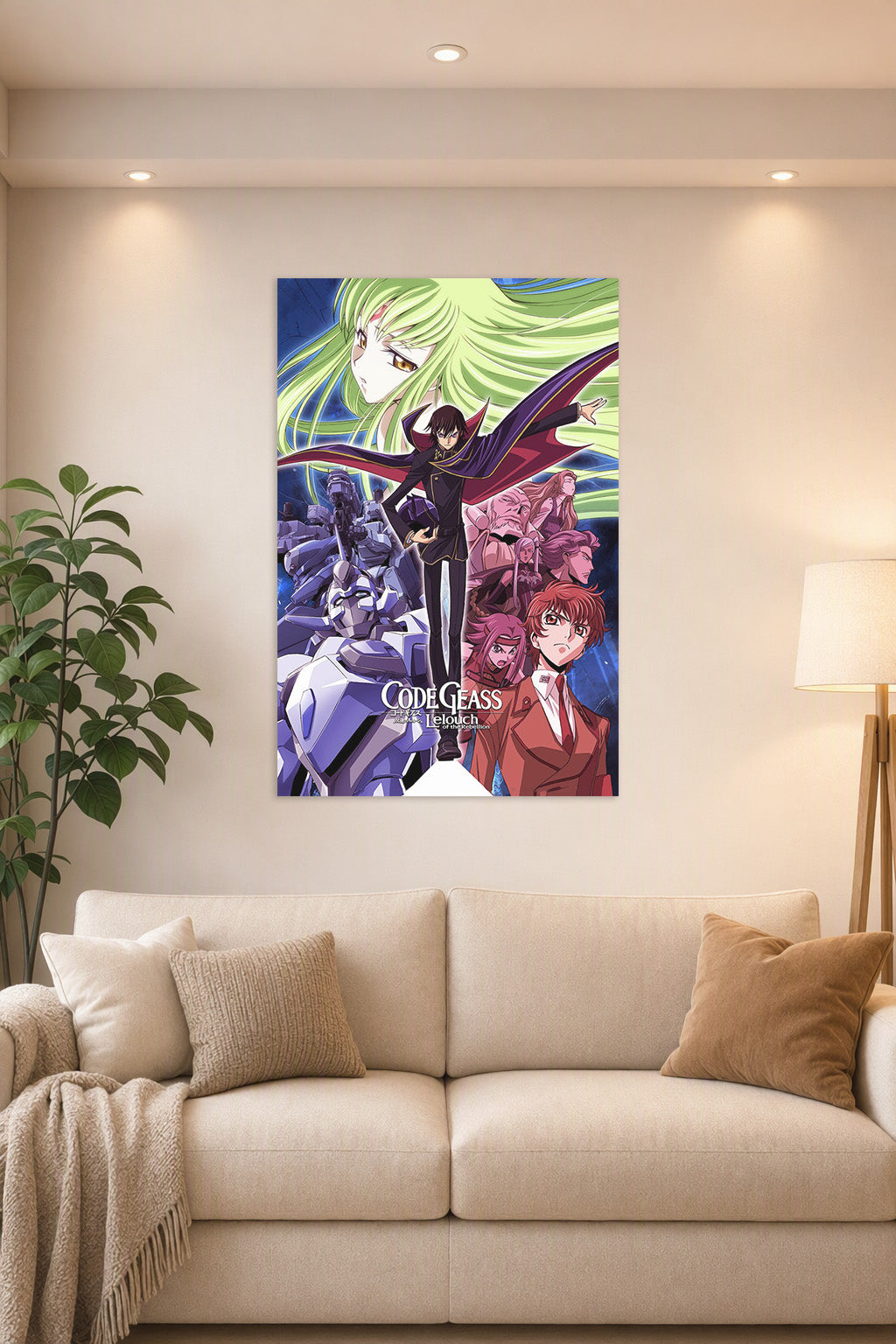 Code Geass Lelouch of the Rebellion in a bright living room above a beige sofa.