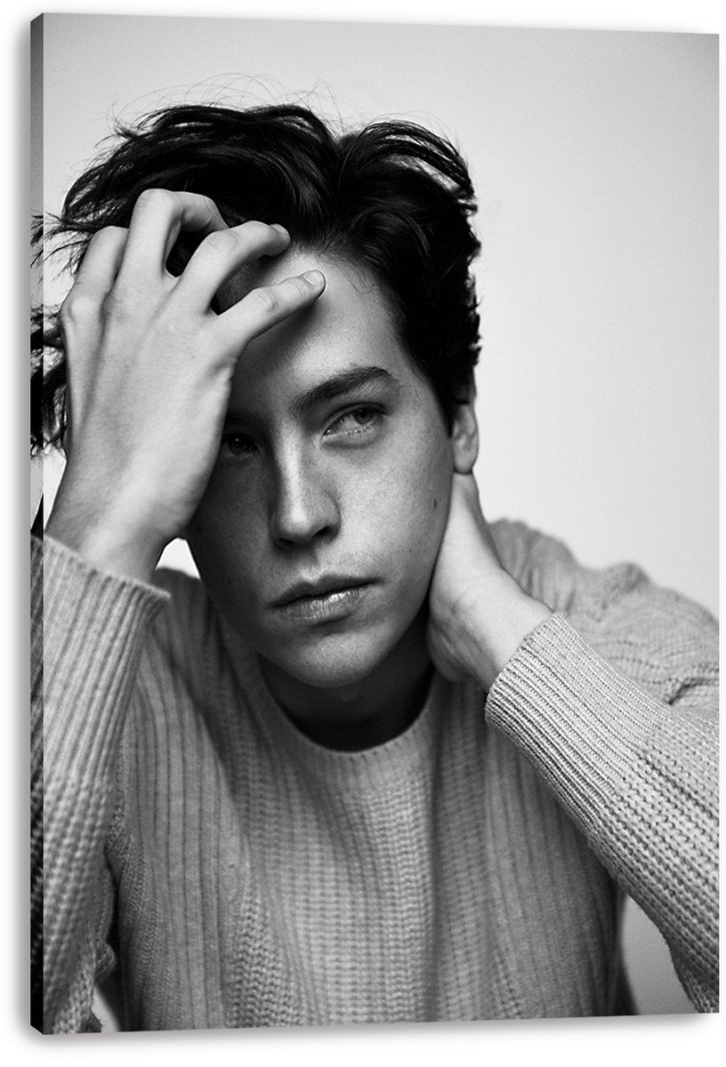 Cole Sprouse canvas wall art print presents a monochrome portrait of the actor wearing a knit sweater, with visible wrapped canvas edges.