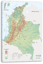 Colombia physical-political map canvas wall art print with visible wrapped edges, colored relief, roads, rivers, and labels.