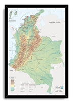 Colombia physical-political map wall art print framed in black, featuring topographic shading, red roads, rivers, and regional labels.
