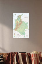 Colombia Physical-Political Map in a cozy movie room above a brown sofa with popcorn.