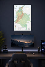Colombia Physical-Political Map in a gaming desk setup above a monitor.