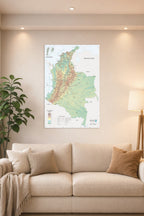 Colombia Physical-Political Map in a bright living room above a beige sofa.