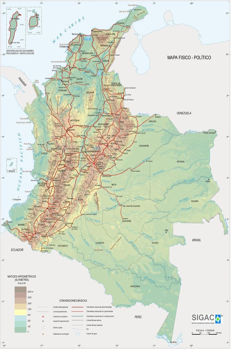 Colombia physical-political map poster with shaded mountains, green plains, blue rivers, red roads, and labeled regions.
