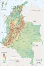 Colombia physical-political map poster with shaded mountains, green plains, blue rivers, red roads, and labeled regions.