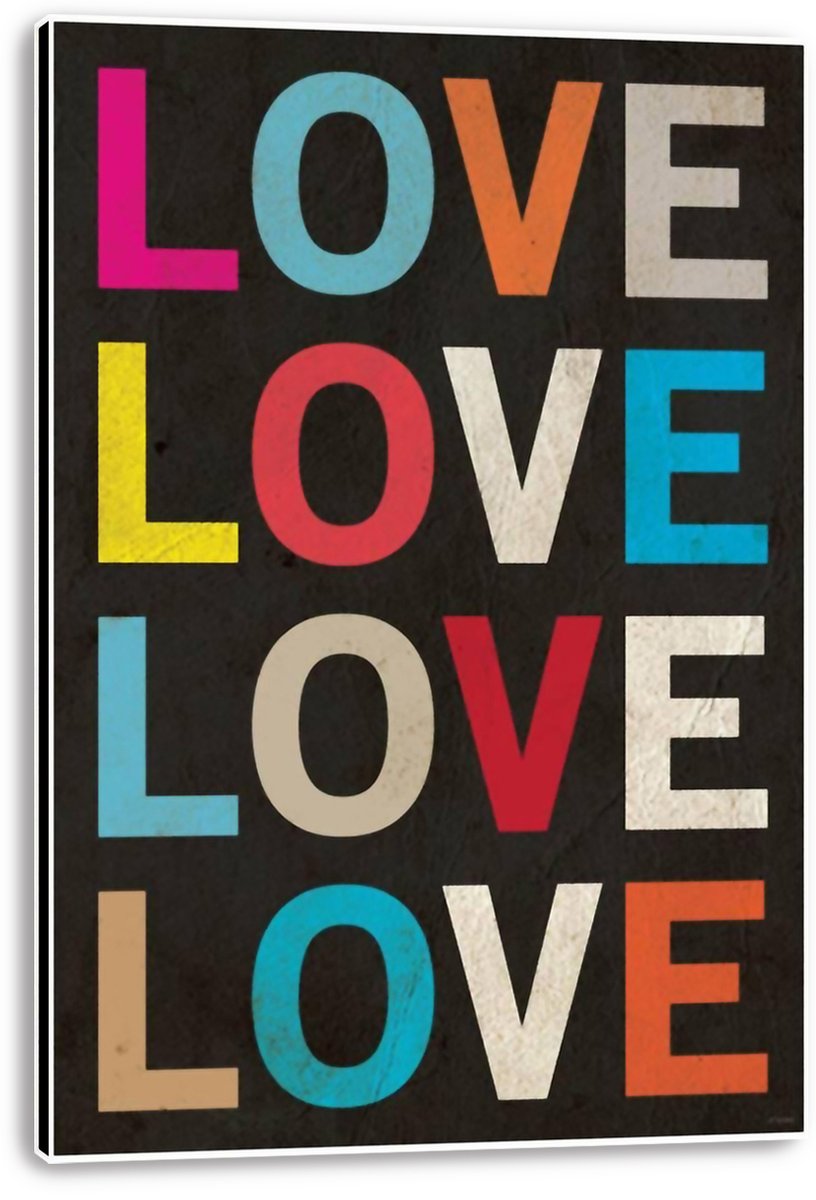 LOVE canvas wall art print with repeated colorful block lettering on black, displayed with visible white canvas edges.