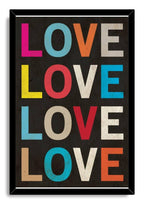 LOVE framed wall art print with four rows of weathered pink, blue, orange, red, yellow, and cream letters on black.