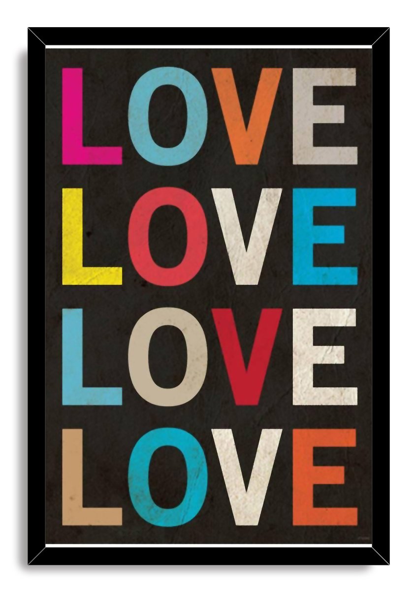 LOVE framed wall art print with four rows of weathered pink, blue, orange, red, yellow, and cream letters on black.
