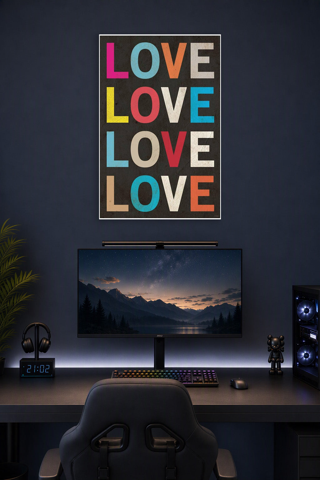 Colorful LOVE Text in a gaming desk setup above a monitor.