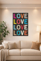 Colorful LOVE Text in a bright living room above a beige sofa.
