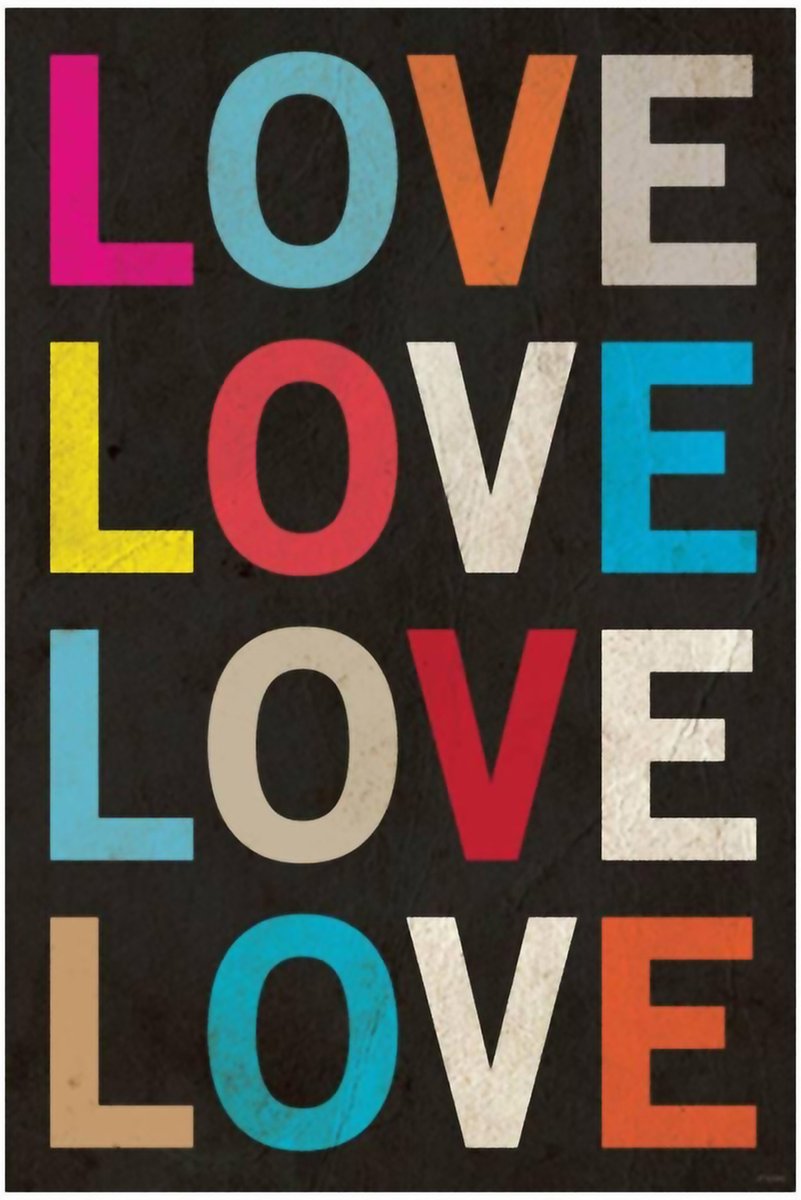 LOVE wall art print with four stacked rows of distressed multicolored letters on a textured black background.