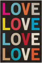 LOVE wall art print with four stacked rows of distressed multicolored letters on a textured black background.