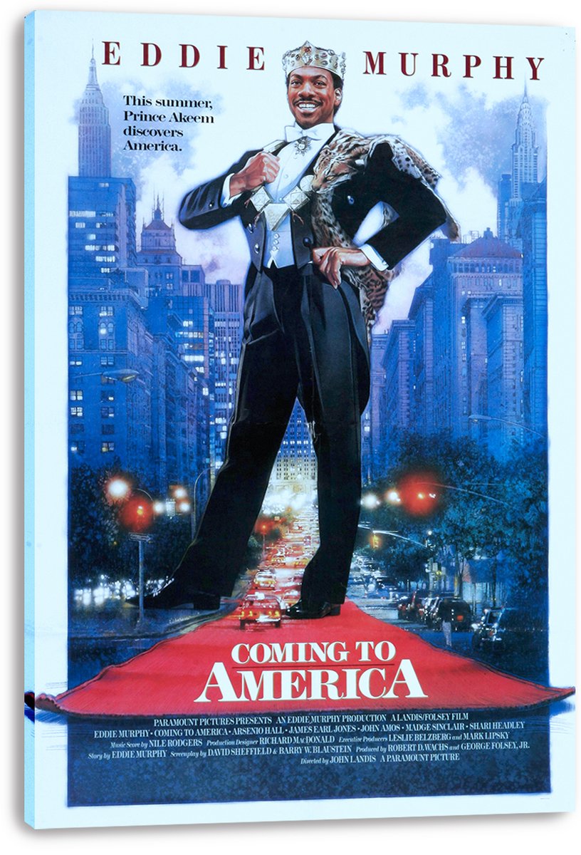 Coming to America canvas wall art print displaying crowned Prince Akeem in a black suit, a red carpet, and New York skyscrapers.