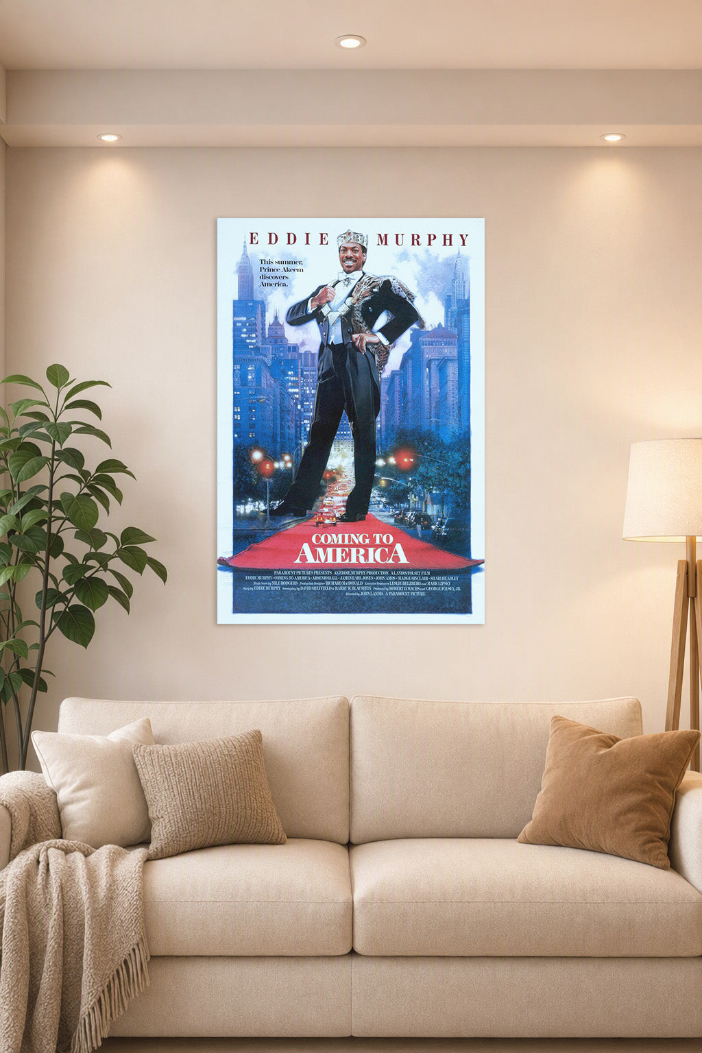 Coming to America Movie Poster in a bright living room above a beige sofa.