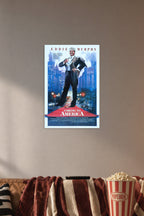 Coming to America Movie Poster in a cozy movie room above a brown sofa with popcorn.