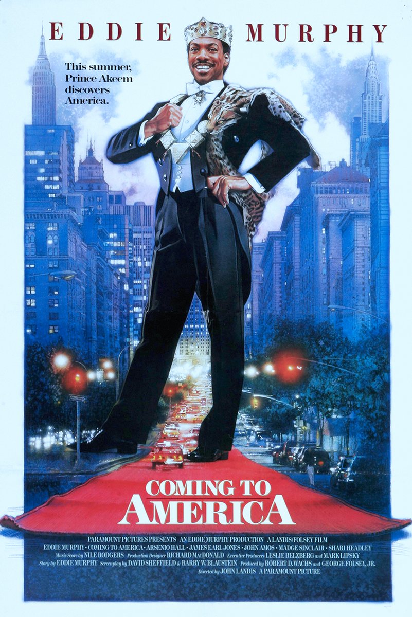 Coming to America movie poster with Eddie Murphy as crowned Prince Akeem in formal attire above a red carpet and blue Manhattan skyline.