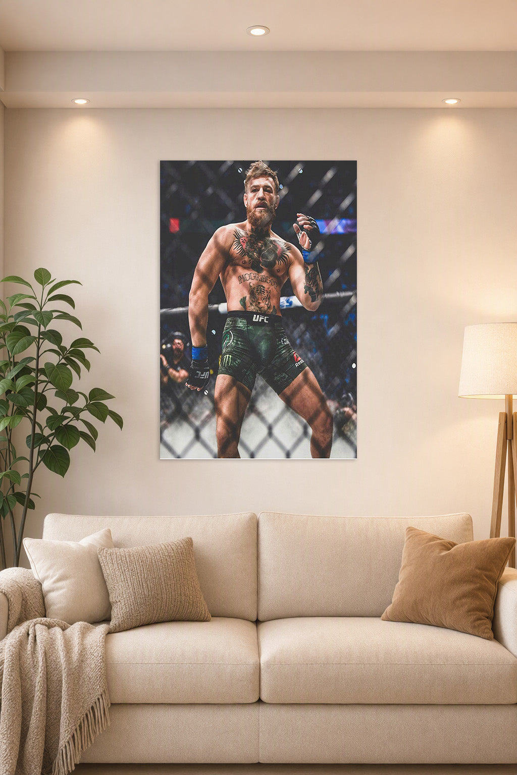 Conor McGregor in a bright living room above a beige sofa.