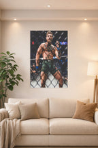 Conor McGregor in a bright living room above a beige sofa.