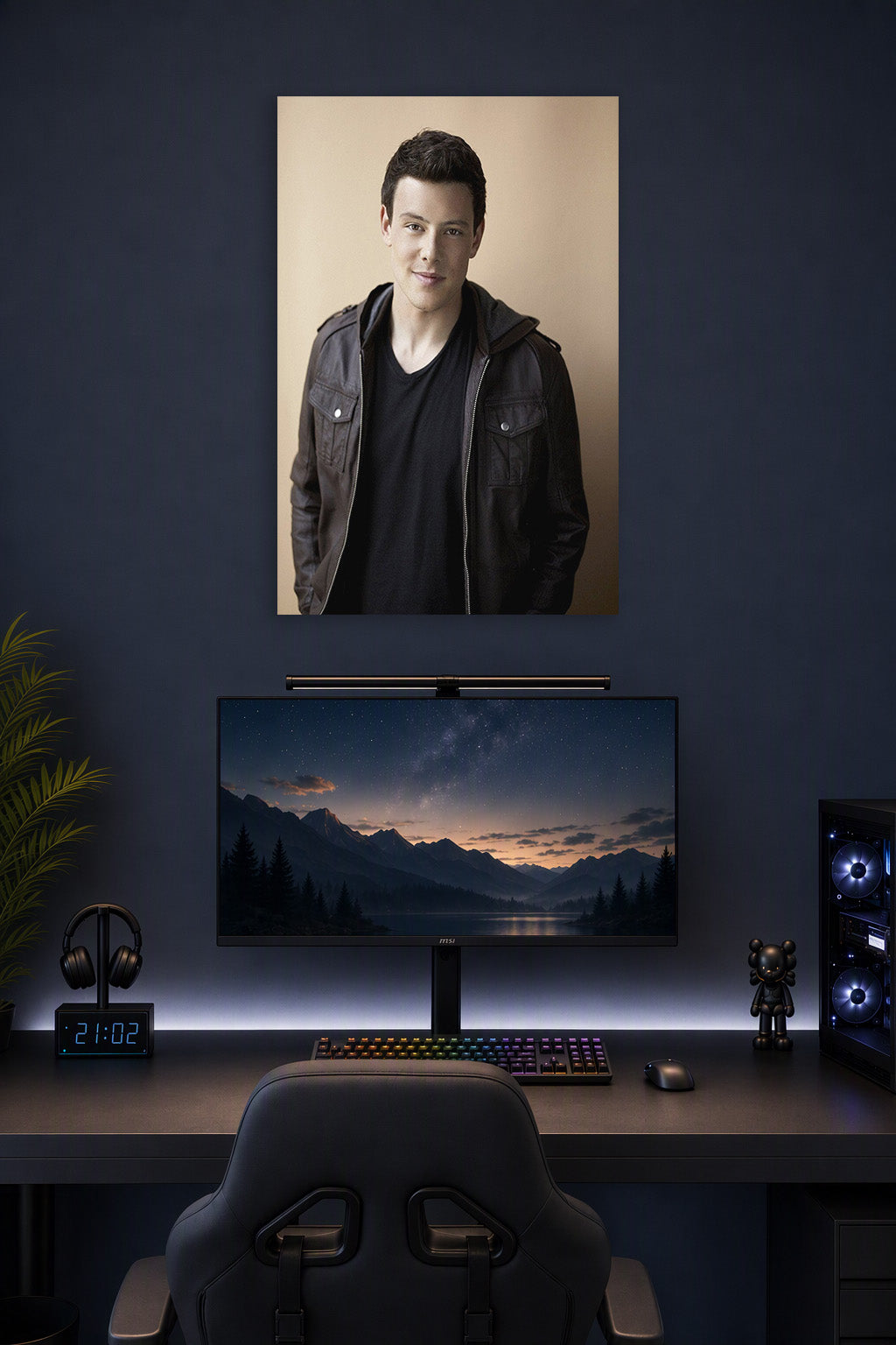 Cory Monteith in a gaming desk setup above a monitor.