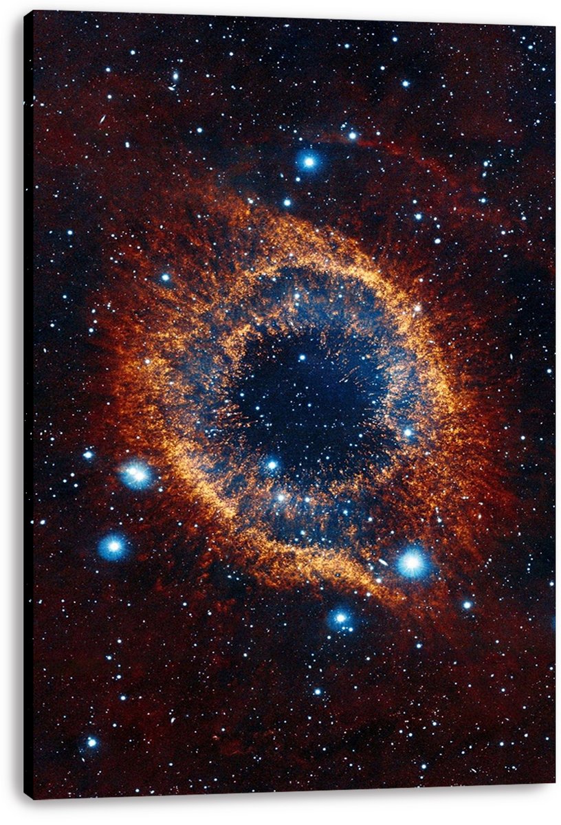 Helix Nebula canvas wall art presents an orange and gold cosmic eye ring surrounded by red clouds and scattered blue-white stars.