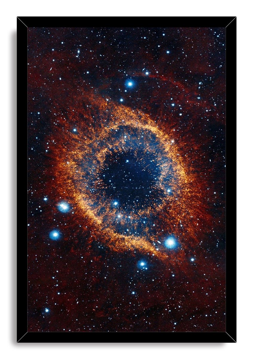 Helix Nebula framed wall art print features a luminous orange circular nebula with a dark blue core against a densely starry sky.
