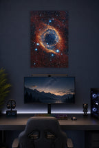Cosmic Eye Helix Nebula in a gaming desk setup above a monitor.
