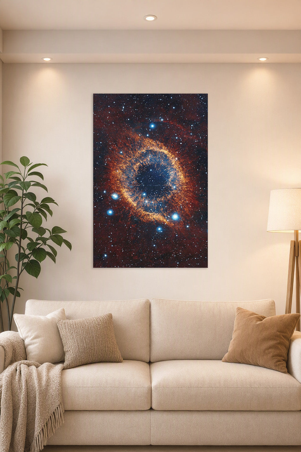 Cosmic Eye Helix Nebula in a bright living room above a beige sofa.