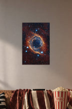 Cosmic Eye Helix Nebula in a cozy movie room above a brown sofa with popcorn.