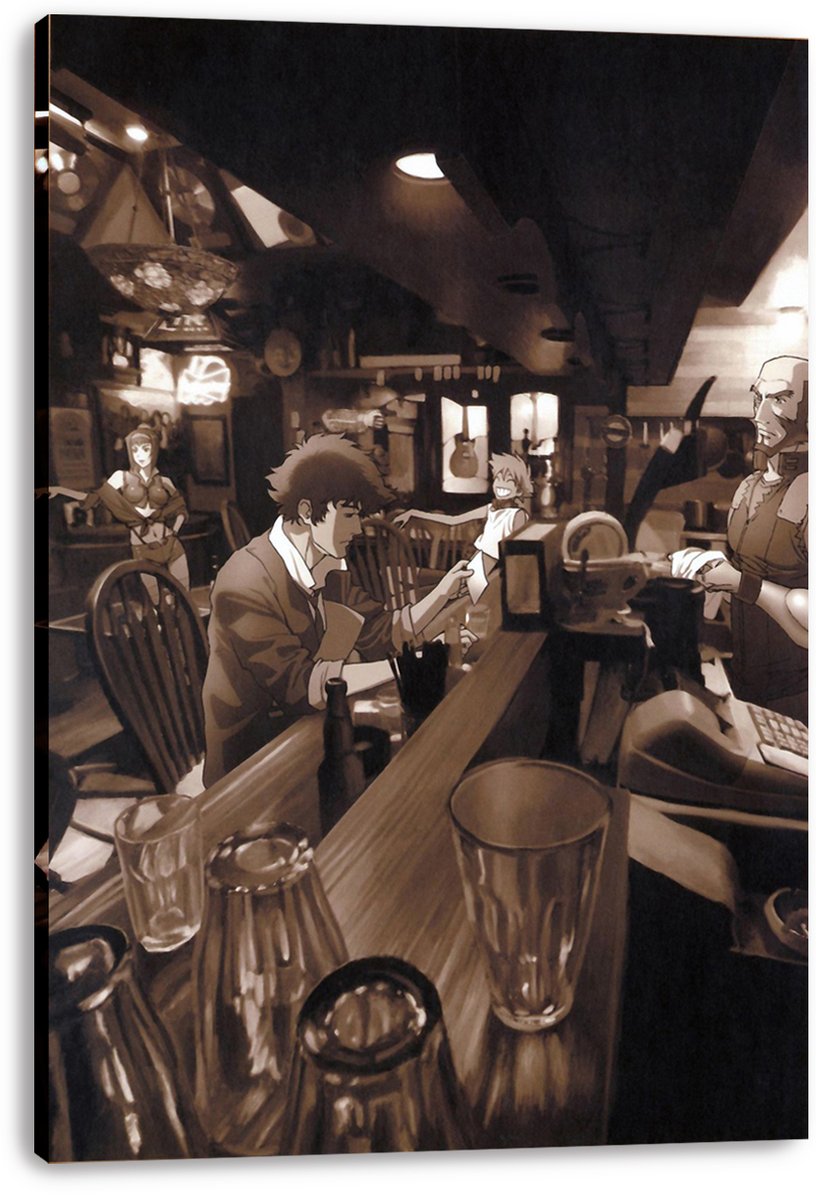 Cowboy Bebop canvas wall art print presents a warm sepia bar scene with Spike at the counter, glassware, and fellow crew.