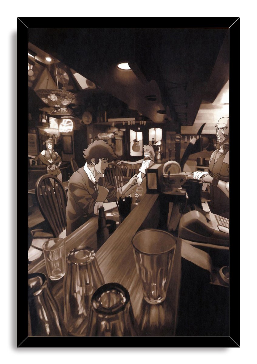Cowboy Bebop framed wall art print features a sepia bar interior with Spike reading at the counter amid glasses and bottles.