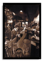Cowboy Bebop framed wall art print features a sepia bar interior with Spike reading at the counter amid glasses and bottles.