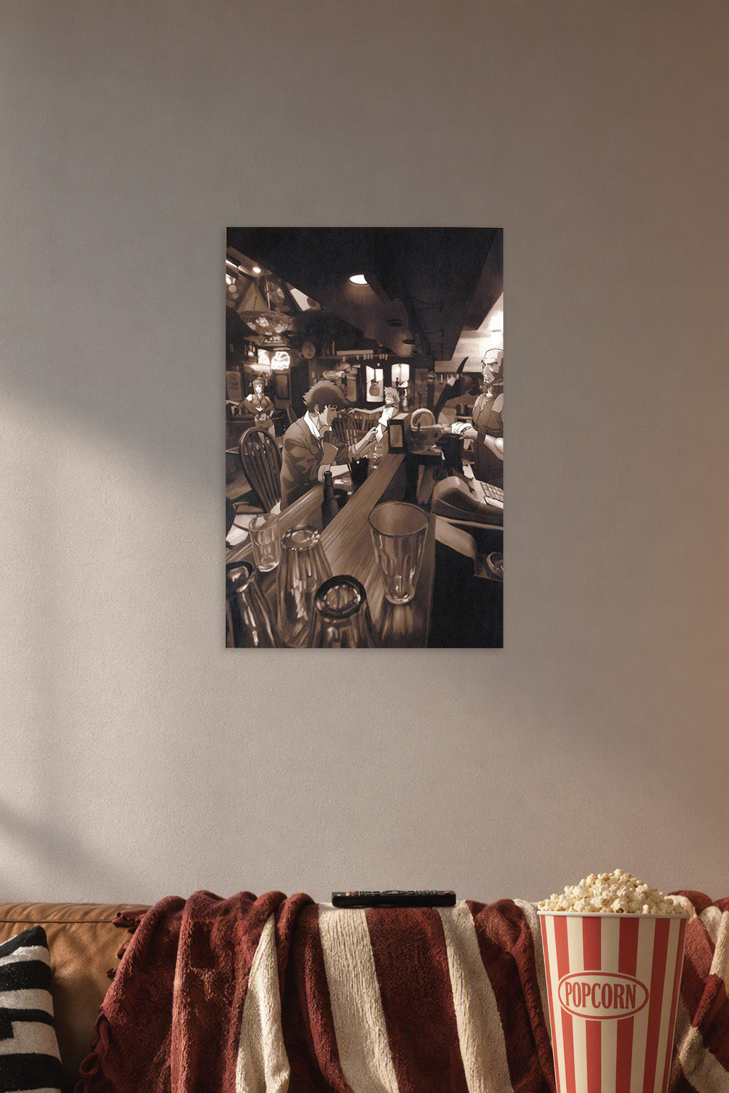 Cowboy Bebop Bar Scene in a cozy movie room above a brown sofa with popcorn.