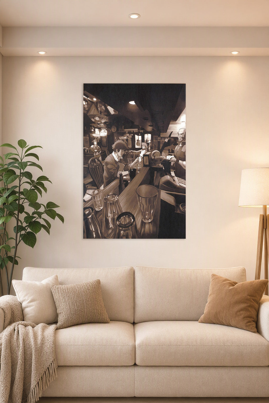Cowboy Bebop Bar Scene in a bright living room above a beige sofa.