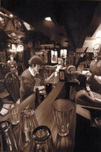 Cowboy Bebop wall art print depicts Spike seated at a sepia-toned bar with glasses, bottles, and crew members nearby.