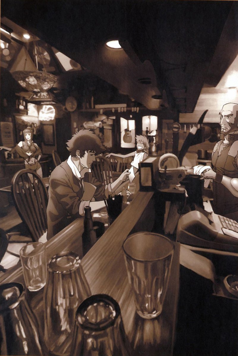 Cowboy Bebop wall art print depicts Spike seated at a sepia-toned bar with glasses, bottles, and crew members nearby.