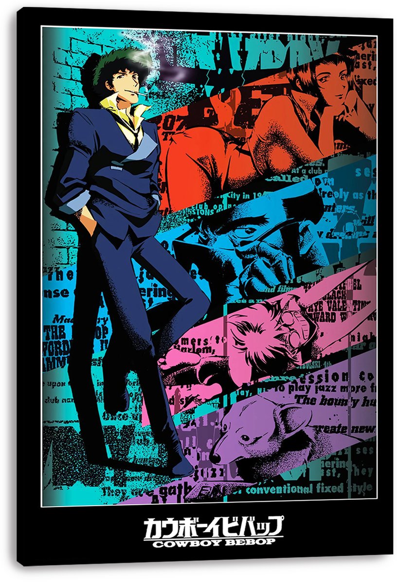 Cowboy Bebop canvas wall art presents a turquoise, red, blue, pink, and purple character collage with the series logo below.