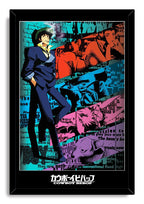 Cowboy Bebop framed wall art print displays a graphic anime character collage in turquoise, red, blue, pink, and purple tones.
