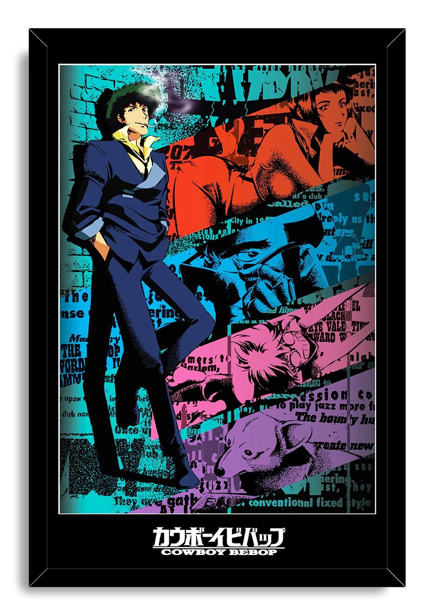Cowboy Bebop framed wall art print displays a graphic anime character collage in turquoise, red, blue, pink, and purple tones.
