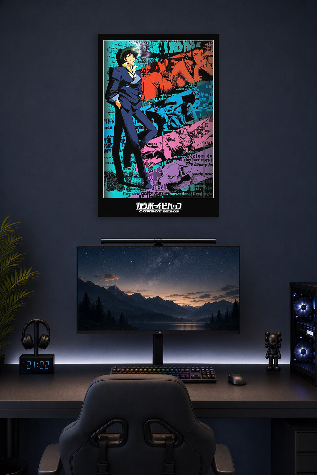 Cowboy Bebop in a gaming desk setup above a monitor.