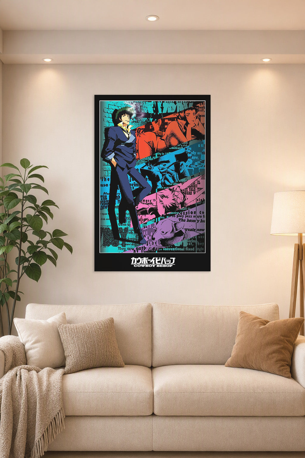 Cowboy Bebop in a bright living room above a beige sofa.
