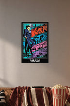 Cowboy Bebop in a cozy movie room above a brown sofa with popcorn.
