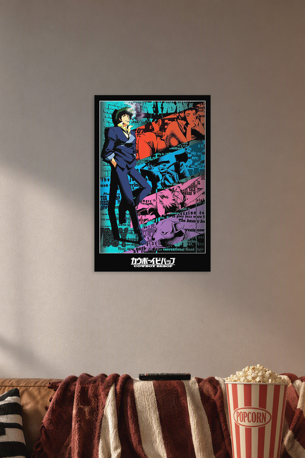 Cowboy Bebop in a cozy movie room above a brown sofa with popcorn.